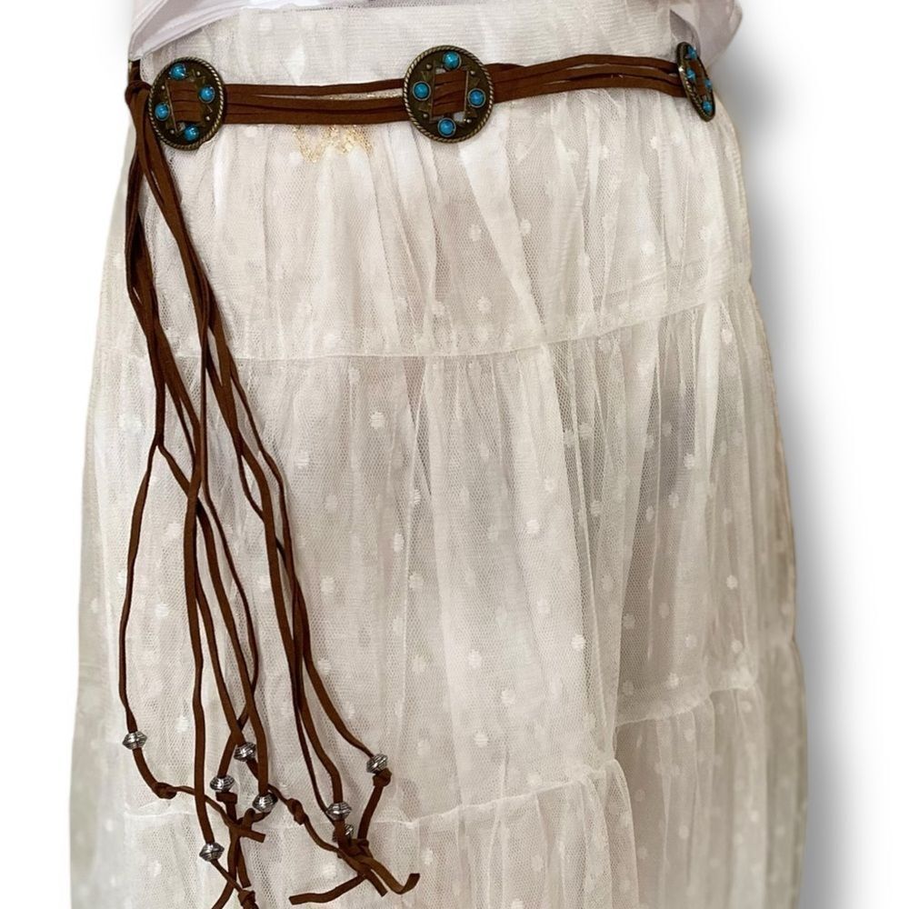 Silver Medallions Turquoise Brown Fringe Belt Western Boho Cowgirl NWT